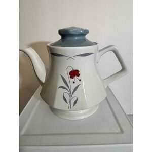 Vintage Teapot Wood & Sons Red Flower Blue Lid Mid Century Floral England